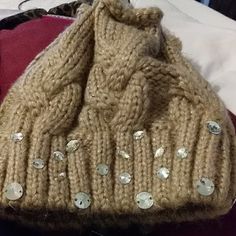 A Joan Boyce Tan Rhinestone Hat That A Ponytail Can Come Out The Top.. The Top Of The Hat Has 2 Balls That Can Loosen The Top Area Fir A Ponytail Rhinestone Hat, A Ponytail, Drawstring Top, Knitted Hats, The Top, Accessories Hats, Women Accessories, Hats, Women Shopping