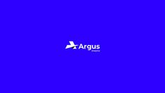 the argus logo is shown on a dark purple background with an orange and white arrow