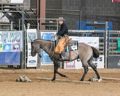 a man riding on the back of a gray horse