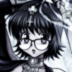 an anime character with glasses and a cross on her head