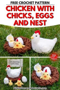 crochet chicken with chicks, eggs and nest pattern in three different pictures on grass