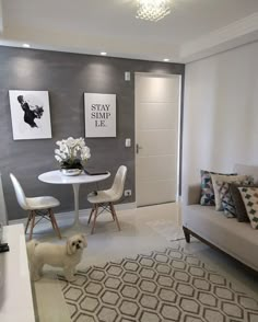 a small white dog standing in the middle of a living room with grey walls and carpet