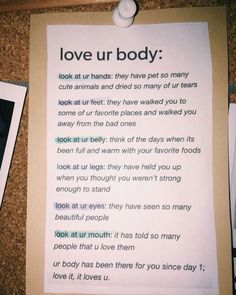 a piece of paper with the words love ur body on it next to two photos