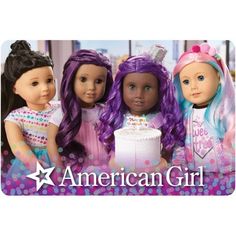 the american girl doll birthday card features three dolls and a cake with candles on it