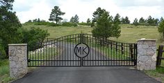 a gated driveway leading into a grassy area with trees and grass in the background