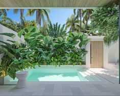 an indoor swimming pool surrounded by palm trees and greenery with a door leading to it