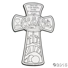 a cross with the image of jesus and mary on it, in black and white