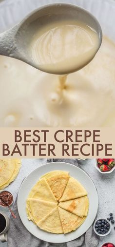 crepe batter being poured onto a plate with pancakes and berries on the side