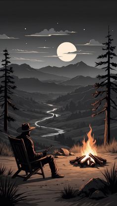 a man sitting next to a campfire under a full moon