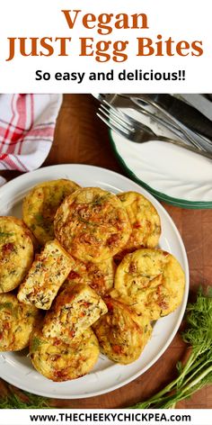 egg muffins on a white plate with parsley next to it and the title overlay reads easy vegan egg muffins made with just eggs