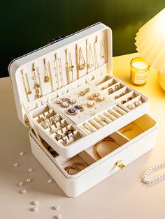 White  Collar  PU   Embellished   Storage & Organization Jewellery Box Organizer, Jewerly Boxes Aesthetic, Jewlerie Organization, Alajeros Ideas, Jewelry Gift Box Ideas, Jewelry Organizer Aesthetic, Jewelry Box Aesthetic, Jewlrey Box, Modern Jewelry Box