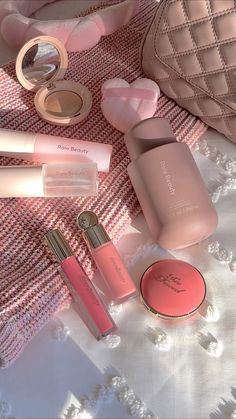 Makeup cosmetics rare beauty too faced spring vibes girlhood girly girl Rare Beauty Cosmetics, Pink Stuff Aesthetic, It Girl Products, Rare Beauty Aesthetic, Beauty Products Aesthetic, Makeup Rare Beauty, Cosmetics Aesthetic, Eyebrow Trends, Girly Makeup