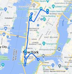 the new york city marathon route is shown in blue and has several locations marked on it