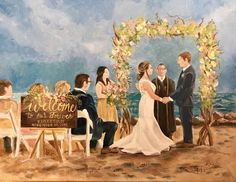 a painting of a couple getting married on the beach with their wedding vows in front of them