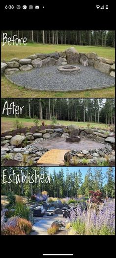 the before and after pictures of an outdoor fire pit with gravel, rocks and grass