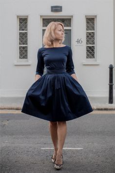 Navy Blue Dress, Women Circle Dress, Pleated Dress ❃ The power of a beautiful dress is not to be underestimated. The right dress can transform your confidence and break hearts from across the room. Unlock that power with this simply beautiful 1950s dress. ❃ This stylish dress showcases the classic features of a 1950s dress. The fitted bodice gives way to an hourglass-seamed waist and super full, pleated skirt that closes with a hidden zipper at the back. Wide sash ties around the waist to give a Midi Dress Bridesmaid, Dresses 1950s Style, Blue Wedding Guest Dresses, Women Circle, Winter Colours, Midi Bridesmaid Dress, Long Sleeves Dress, Blue Dress Women, Circle Dress