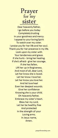 a poem written in black and white with the words prayer for my sister on it