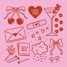 an image of valentine's day stickers on a pink background with red ink