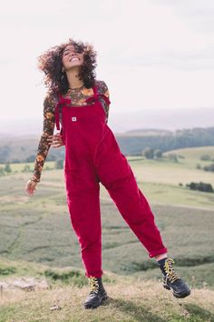 Red Overalls, Cotton Dungaree, Lucy And Yak, Pocket Jumpsuit, Comfy Outfits, Berry, Types Of Sleeves