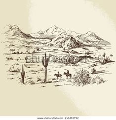 an ink drawing of a desert scene with cactus trees and mountains in the background stock photo