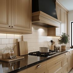 a stove top oven sitting inside of a kitchen next to wooden cabinets and counter tops