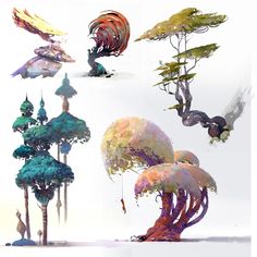 several different types of trees and animals are depicted in this image, each with their own unique shapes