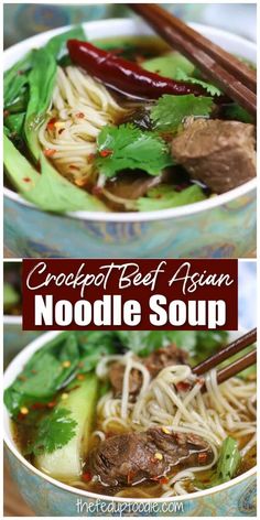 two bowls filled with noodles and beef in broth, garnished with green leaves