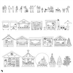 a black and white line drawing of christmas houses, trees, and people in the snow