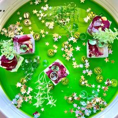 an overhead view of some food on a green plate with stars and other things around it