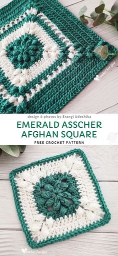 the finished crocheted afghan square is shown with text overlay that reads, free crochet pattern emerald ascher afghan square