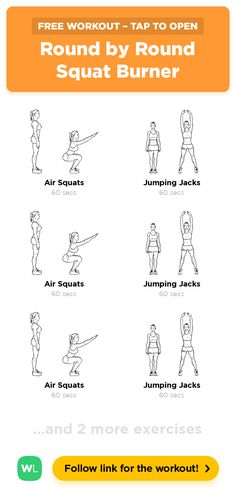 an exercise poster with the words, free workout tap to open round by round squat burner