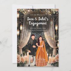 a wedding card with an illustration of a couple standing in front of candles