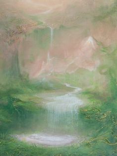 a painting with green and pink colors on the side of a mountain stream in front of a waterfall