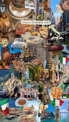 the collage is made up of many different pictures and words, including italy's famous landmarks