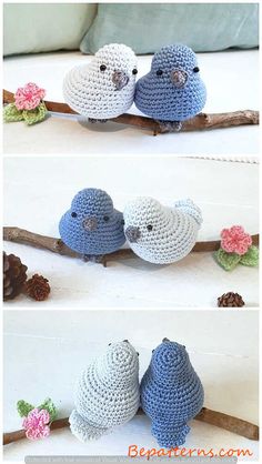 two crocheted birds sitting on top of a tree branch with flowers in their beaks