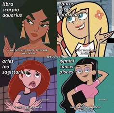 four different cartoon characters with captioning in english and spanish, one saying that they are