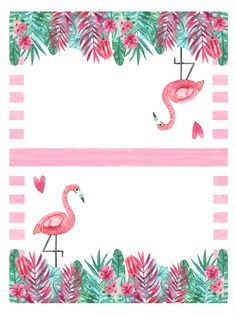 two pink flamingos with tropical leaves and hearts on them, one is facing the opposite direction