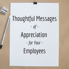 a piece of paper with the words thoughtful messages of appreciation for your employees