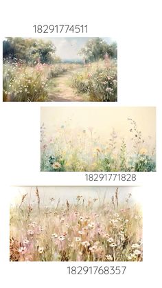 three pictures showing the different stages of painting with flowers and grass on them, including one in