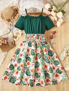 Cute Dresses For 13 Yo, Shein Outfits Women, Outfit Ideas Green, Dark Green Boho, Clothes For Teens, Hawaiian Dresses, Tropical Fashion, Teen Girl Dresses