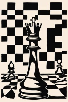 black and white chess pieces on a checkerboard board with the king in front