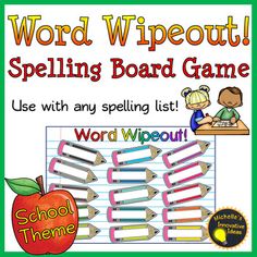 the word wipeout spelling board game with an apple and pencils on top of it