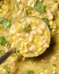 a spoon full of soup with beans and cilantro