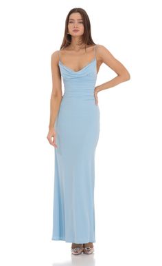 Cowl Neck Mermaid Maxi Dress in Blue