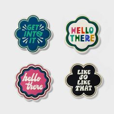 four different stickers with the words hello there, hello little and hello that on them