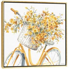 a watercolor painting of a yellow bicycle with flowers in it's front basket