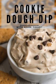 cookie dough dip with greek yogurt in a white bowl