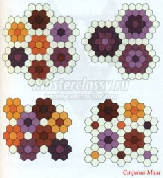 four hexagonals with different colors and shapes on them, all arranged in the same