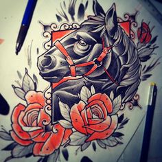 a drawing of a horse with roses on it