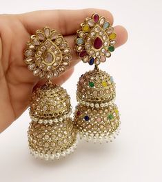 Restocked Antique Polki kundan Jhumka/stone Jhumka/Indian Jewelry/Pakistani Jewelry/Punjabi Jewelry/Statement earring/Bridal earring wedding This is 100% Handmade jewelry. So Color, shades, texture displayed may slightly vary from the actual product due to digital image limitations. We request you to consider these minor variations. Please expect the possibility of some slight imperfections when buying hand made jewelry. If you have any questions, please message or email us. Arrives in a gift bo Pearl Jhumkas, Kundan Jhumka, Jumka Earrings, Punjabi Jewelry, Pakistani Earrings, Earring Bridal, Terracotta Earrings, Indian Wedding Jewelry Sets, Gold Jhumka Earrings